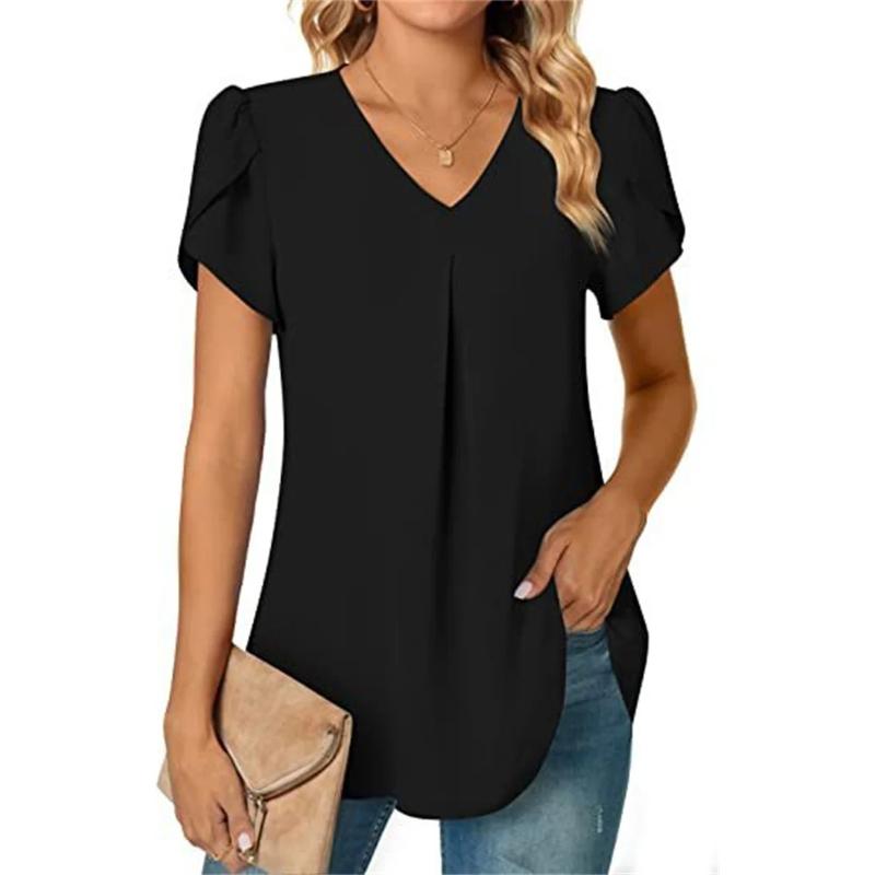 Women V Neck Splice Lace Decoration Pullover Shirt Elegant Female Blouse Summer Casual Short Sleeve Top