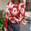 Womens Casual Long Sleeve Ribbed Top Halloween Print Round Neck Slim Fit Stretchy Pullover Shirt