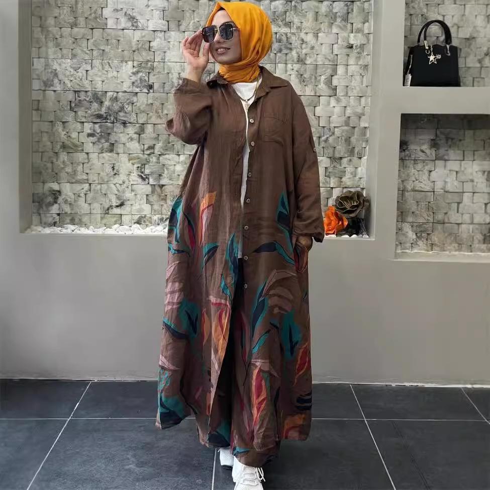 2024 Middle Eastern Fashion: Women's Print Long Cardigan & Wide-Leg Pants Two-Piece Set