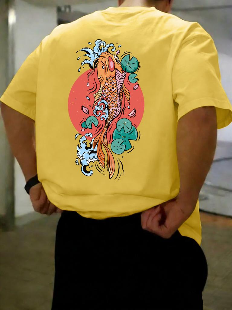 Japanese Koi Fish Mens Tshirt Loose Shortsleeved Summer Casual Pure Cotton Retro Clothing Suitable for Both Men Women