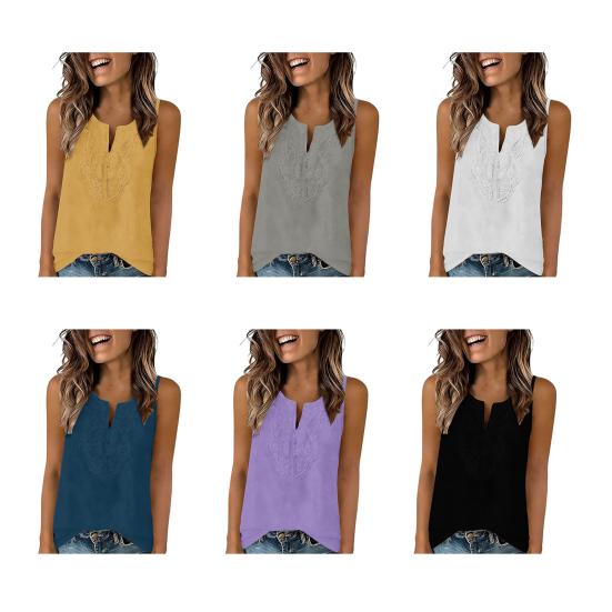 Women Vest V Neck Lace Front Sleeveless Tunic Tops Pure Color Loose Fit Breathable Summer Tops Casual Work Travel