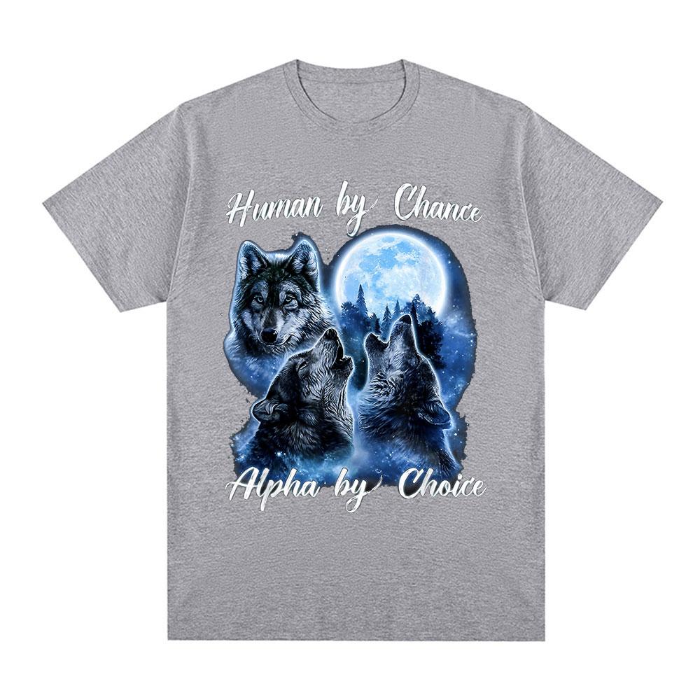 Human By Chance Alpha By Choice Wolf Graphic T-shirt Men Fashion Hip Hop Vintage Short Sleeve T-shirts Cotton Oversized T Shirts