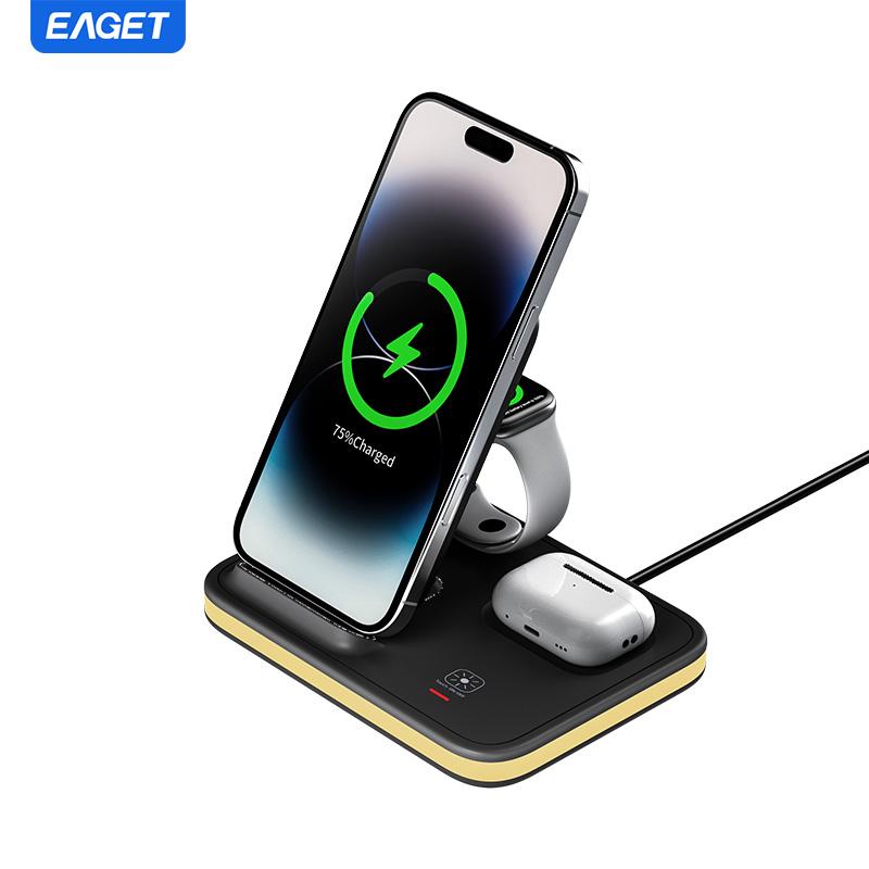 

Беспроводное зарядное устройство 4-в-1 для iPhone 15 Вт, дорожная магнитная подставка для зарядки с ночником, складная станция беспроводной зарядки чёрный