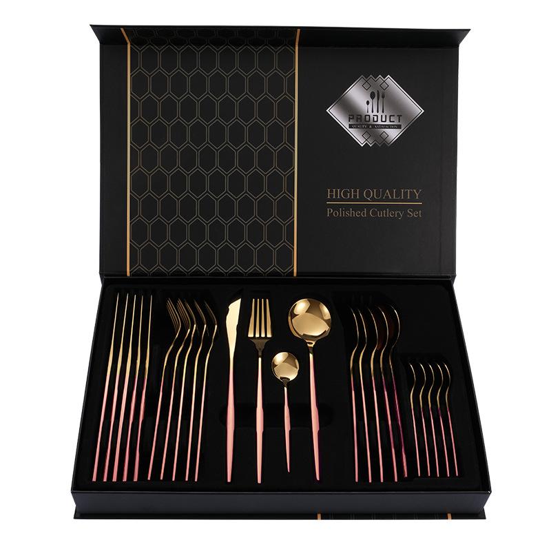 24Pcs Home Kitchen Tableware Stainless Steel Cutlery Set Dinnerware Forks Spoons Gold Plated Gift Box Set High Quality Polished Flatware Dinner Set