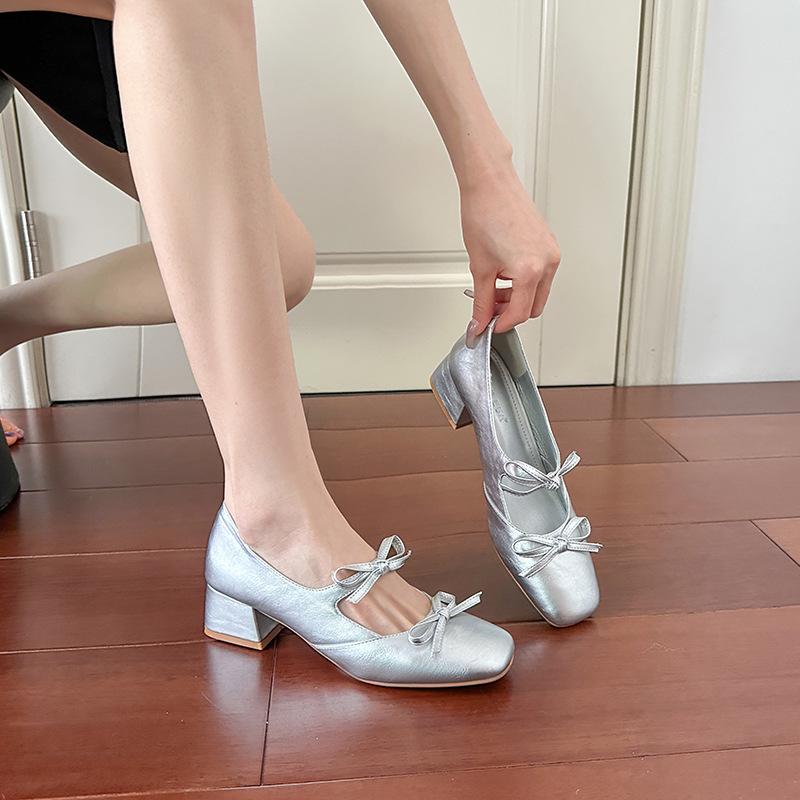 Sea salt Mary Jane shoes spring and autumn new bow middle heel women's shoes French thick heel ballet silver single shoes women