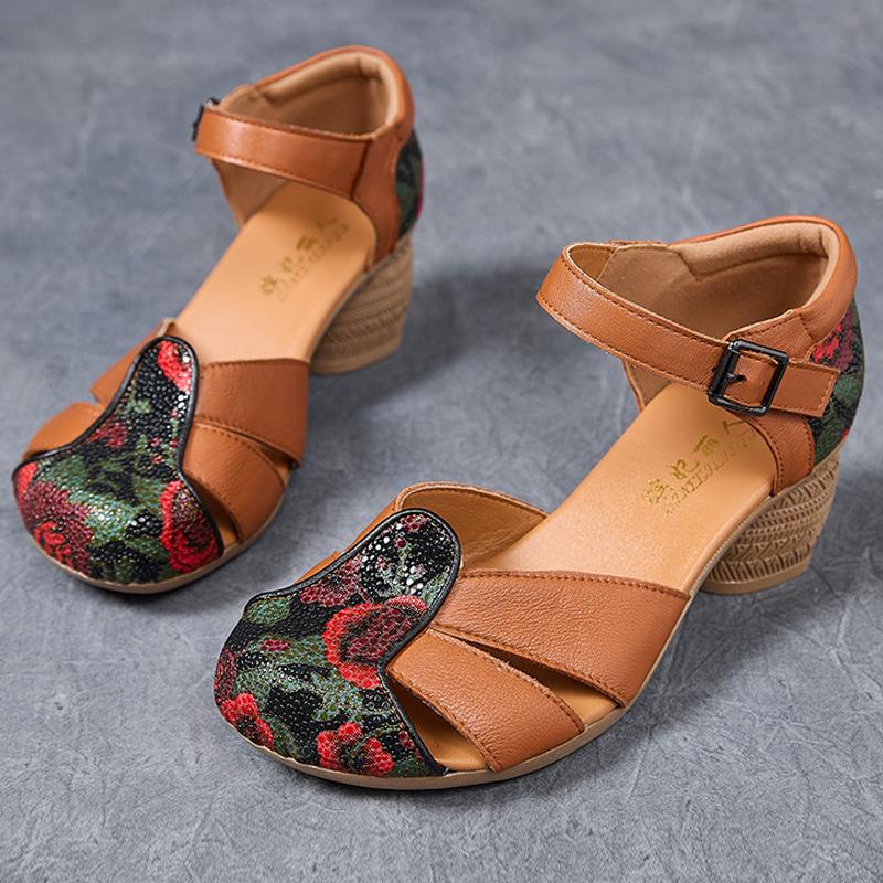 

Мода GKTINOO 2025 Этнический стиль Удобные высокие каблуки Женские летние сандалии С принтом Натуральная кожа Мама Женская обувь Нескользящая 245