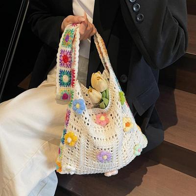 Vintage Hollow Woven Women Floral Decor Shoulder Bag Knitting Handbags Large Capacity Tote Bags For Ladies Beach Travel Shopper Purse CLE