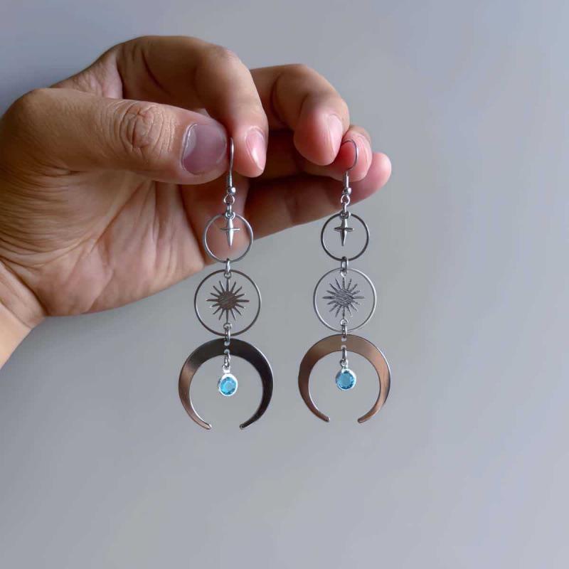 Bohemian Sun & Moon Nymph Earrings in Water Blue