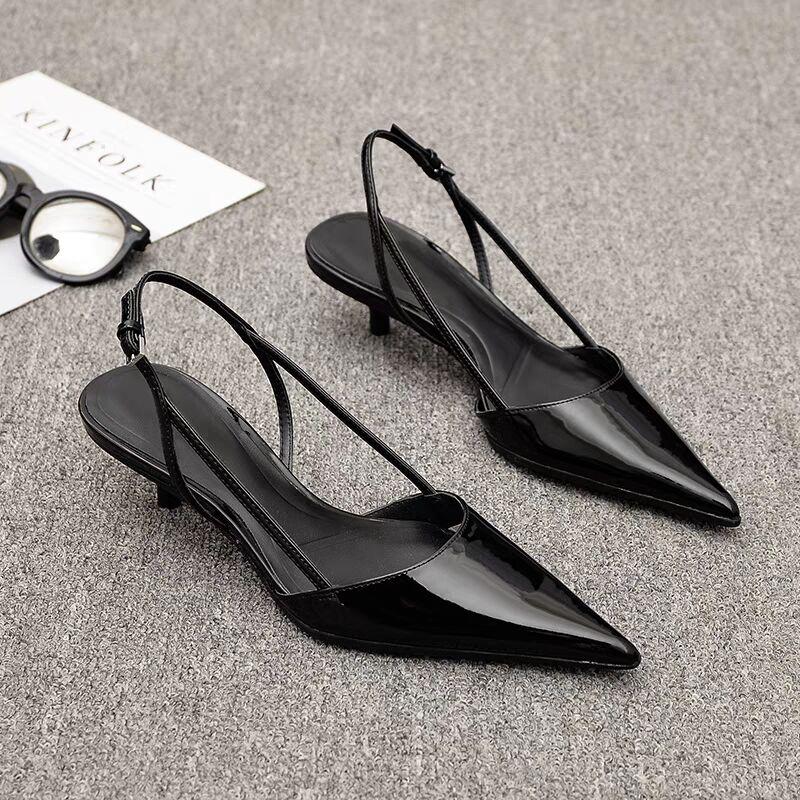 Black Women Pointed Toe Heels Shoes Sandals 2025 Dress Party Fashion Summer Slippers New Walking Flip Flops Pumps Slides