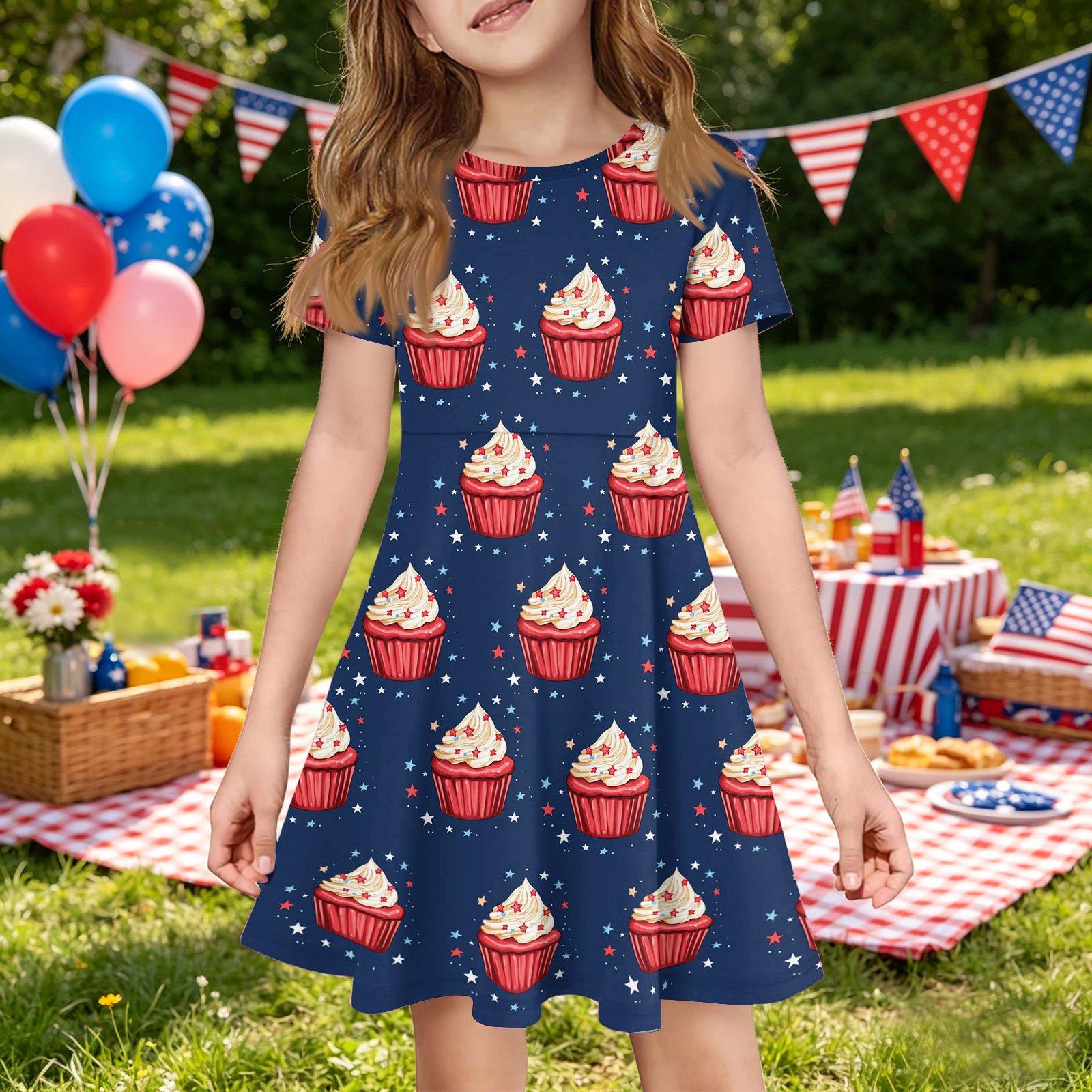 

Girls Short Sleeve Pocket Dress Independence Day Print Casual Summer Dress Soft Fabric Comfortable Fit 150 тёмно-синий