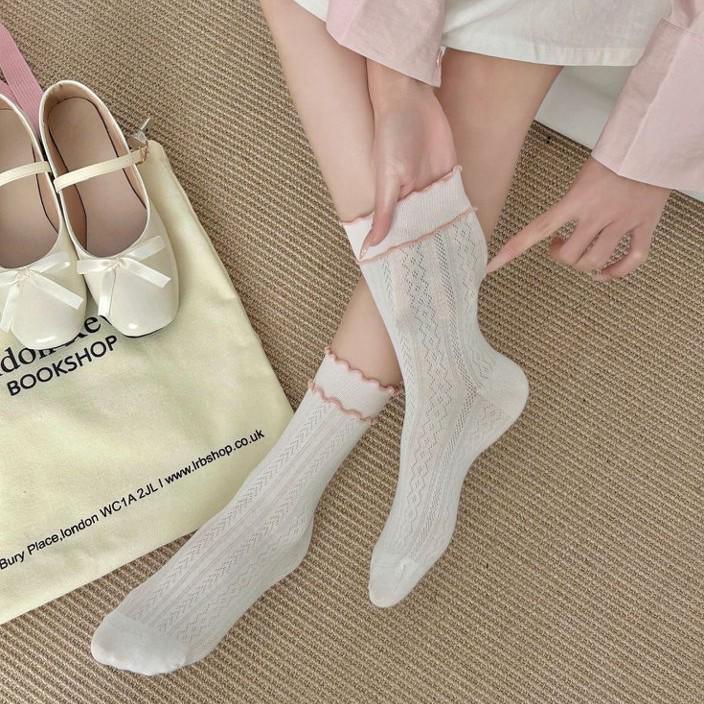 Ballet-Inspired Mesh Ruffle Lace Socks for Girls, Slimming Color-Block Mid-Calf Slouch Socks, Perfect with Leather Shoes