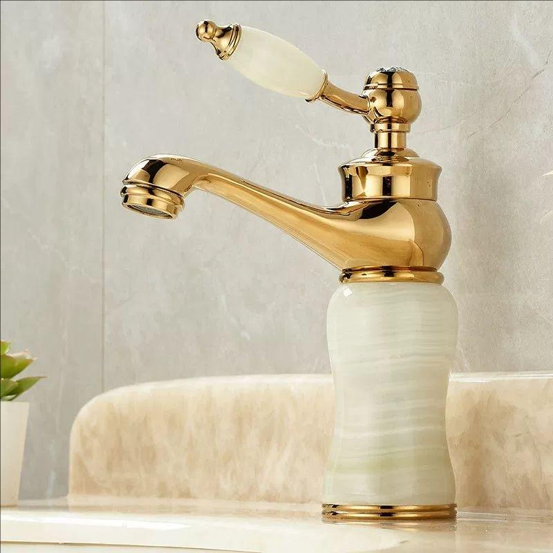 Rose Gold Luxury Bathroom Basin Faucet Single Jade Handle Vanity Sink Mixers Water Taps Brass Natural Jade Basin Sink Faucet