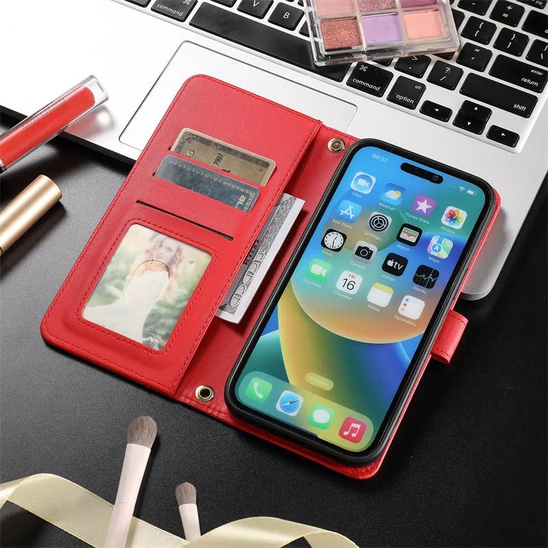 Mode Lange lanyard Flip Leder Telefon Fall Für iPhone 15 Pro Max 15 Plus 14 13 12 11 X XS XR SE 8 7 Brieftasche Karte Weiche TPU Abdeckung
