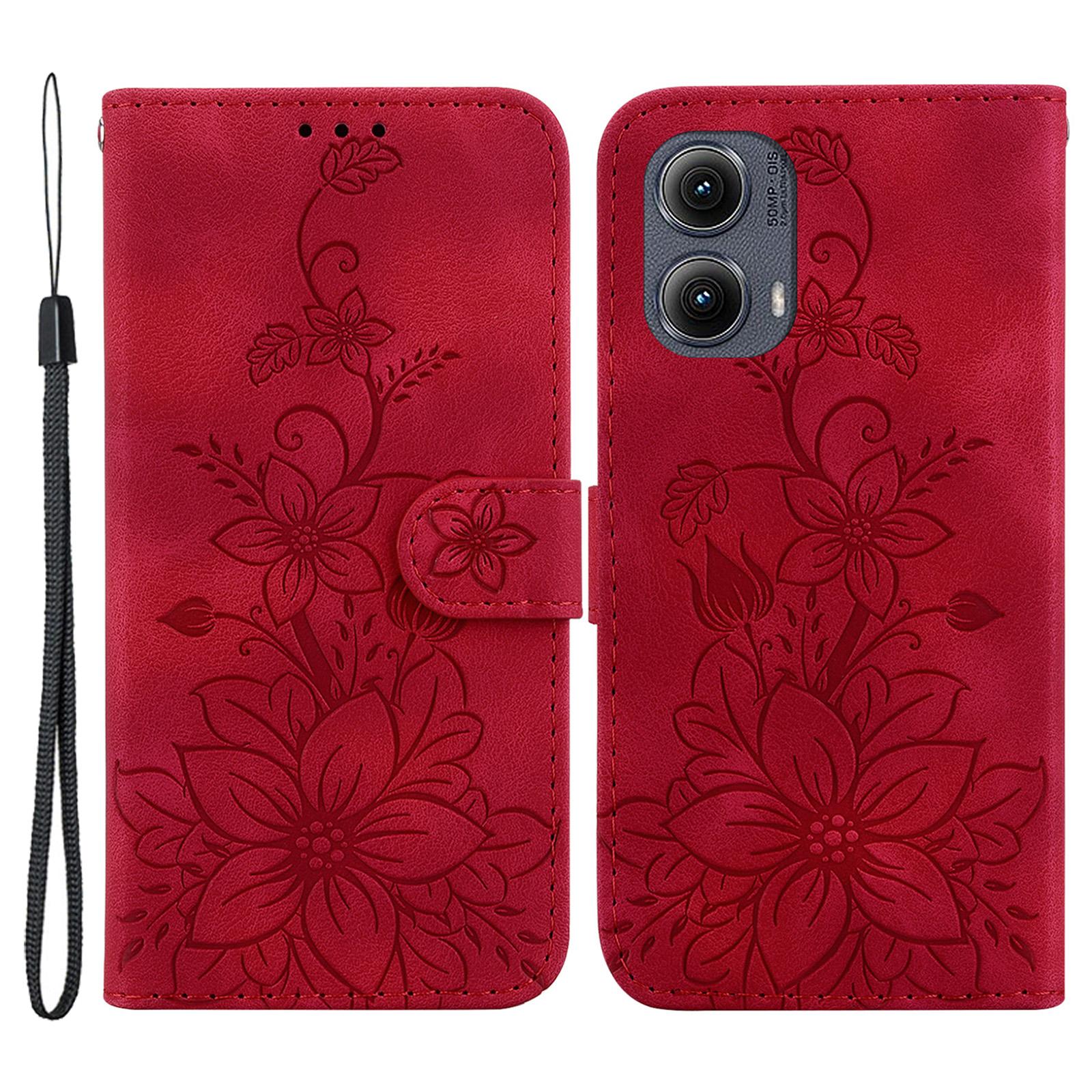 

For Motorola Edge (2024) 5G Stand Case Lily Flower Imprint Leather Phone Cover Red