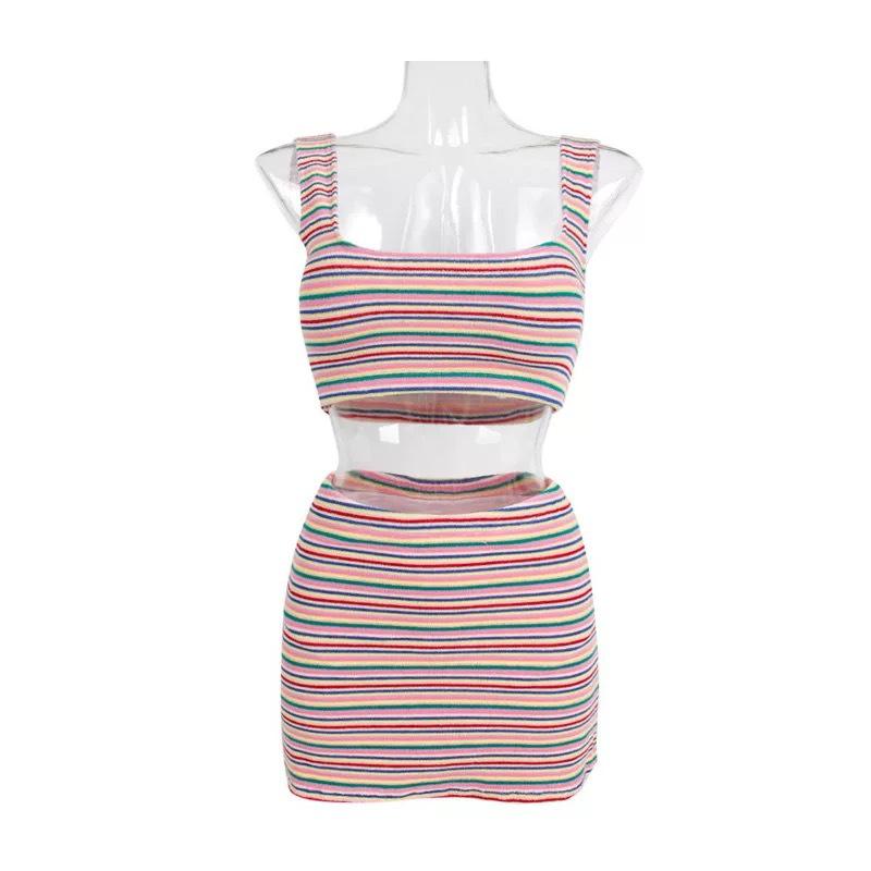 2025 Korea Sexy Rainbow Stripe High Waist Bikini Halter Swimsuit