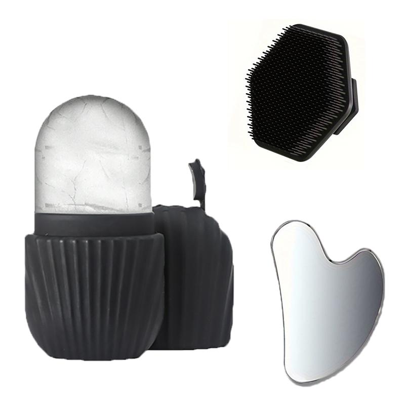 3-piece facial cleansing tool set, stainless steel heart-shaped scraping tool, ice roller, silicone facial brush