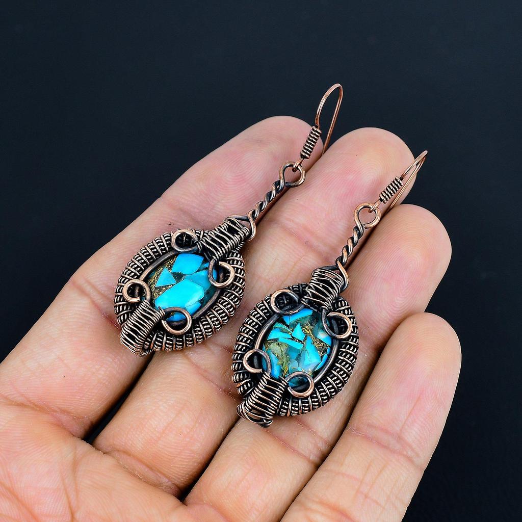 Blue Copper Turquoise Handmade Gemstone Earrings,999 Copper Wire Wrapped Earrings Antique Jewelry, For Engagement Gift