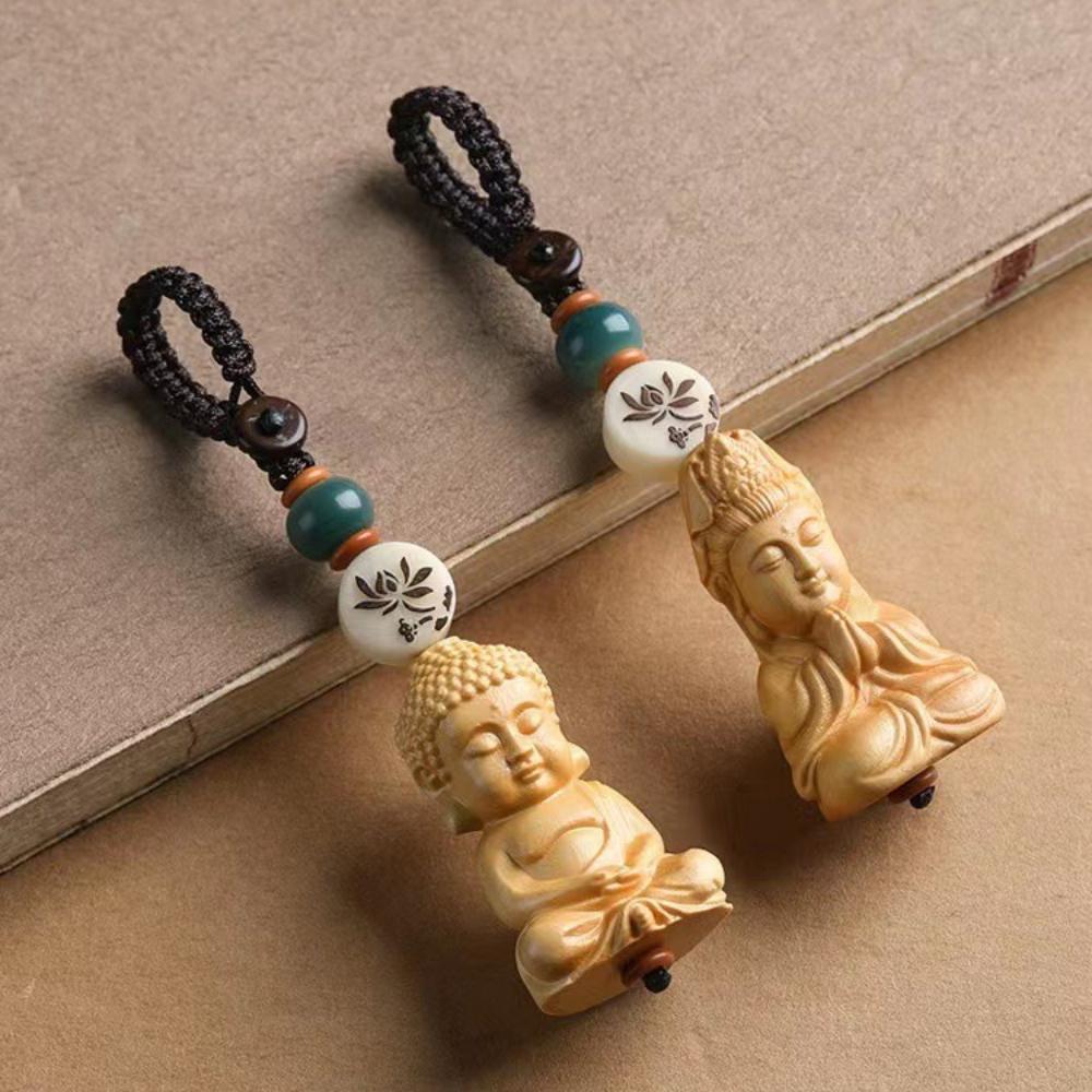 Buddhism Lotusblomma Nyckelring Tillbehör Trä Buddha Lyckobringande Pärlor Nyckelring Jadepärla Telefonamulett Väskspänne Kinesisk Charm