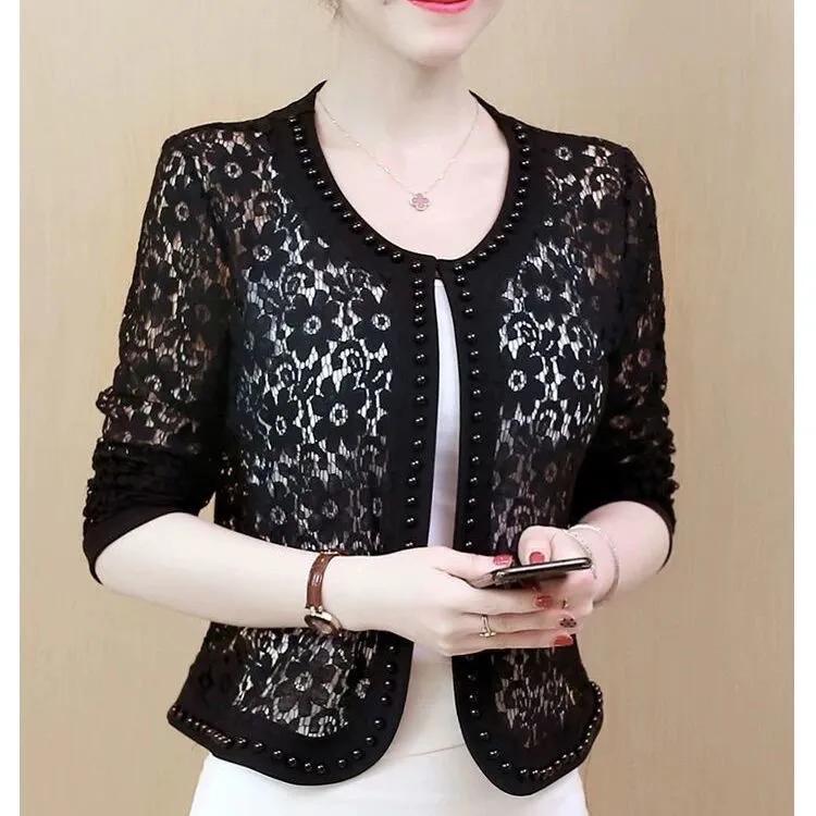 Women's Summer Short Lace Thin Jacket Solid Color Knit Elegant Sunscreen Tops