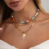 Vintage Gold Color Sun Flower Pendant Necklace Women Geometric Imitation Pearl Resin Glass Beaded Choker Jewelry