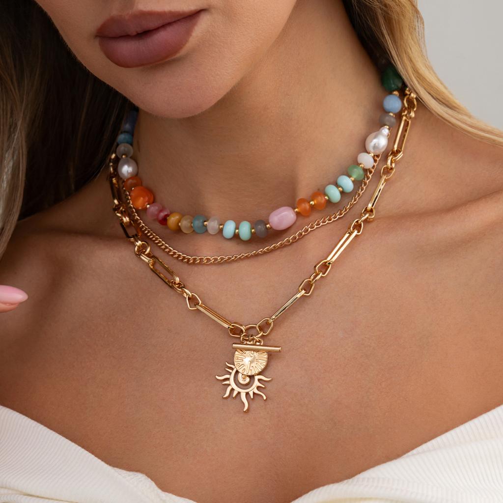 Vintage Gold Color Sun Flower Pendant Necklace Women Geometric Imitation Pearl Resin Glass Beaded Choker Jewelry
