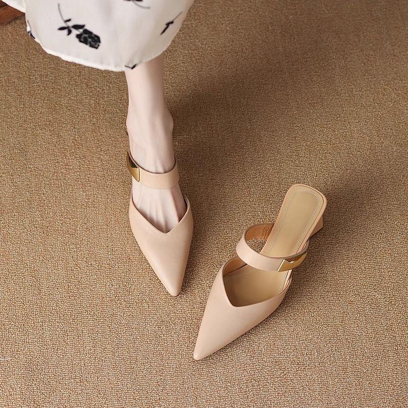 

2025 summer new French retro pointed thick heel bag head half slippers women wear muller shoes cool slippers women 35 абрикосовый