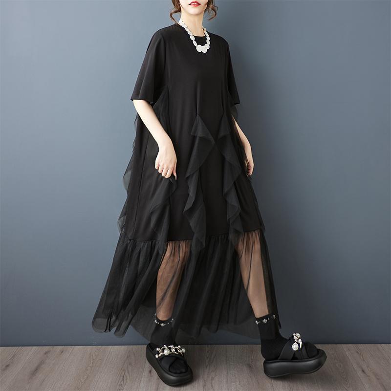 

DIMANAF Новое летнее платье больших размеров 2025 Женское базовое кружевное элегантное повседневное платье с коротким рукавом Свободное длинное платье One Size чёрный