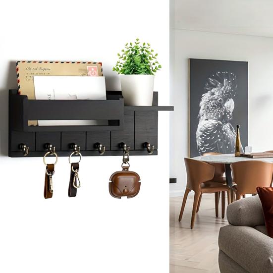 Wooden Home Key Holder with 6 Hooks Open Shelf Rustic Wall Mount Key Organizer Multi-purpose Home Office Entryway Decorative Key Hanger