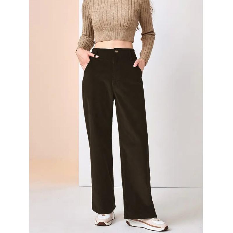 Women Autumn Winter High Waist Corduroy Straight Pants, Draped Slim‑Fit Casual Long Trousers Multi‑Color Wide Leg Bottoms For Daily Street Outfit