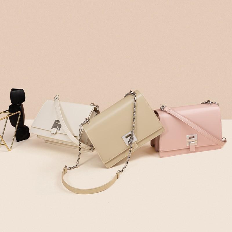 Metal chain handbag, first layer cowhide messenger bag, genuine leather bag, can be proofed and customized women's bag.