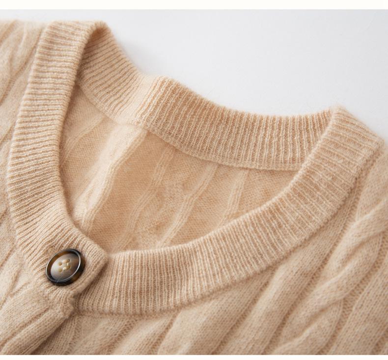 Women's Cashmere Cable-Knit Cardigan Sweater - Round Neck, Single-Breasted, Multi-Button, Loose Fit, Solid Color, Versatile Fall/Winter Style