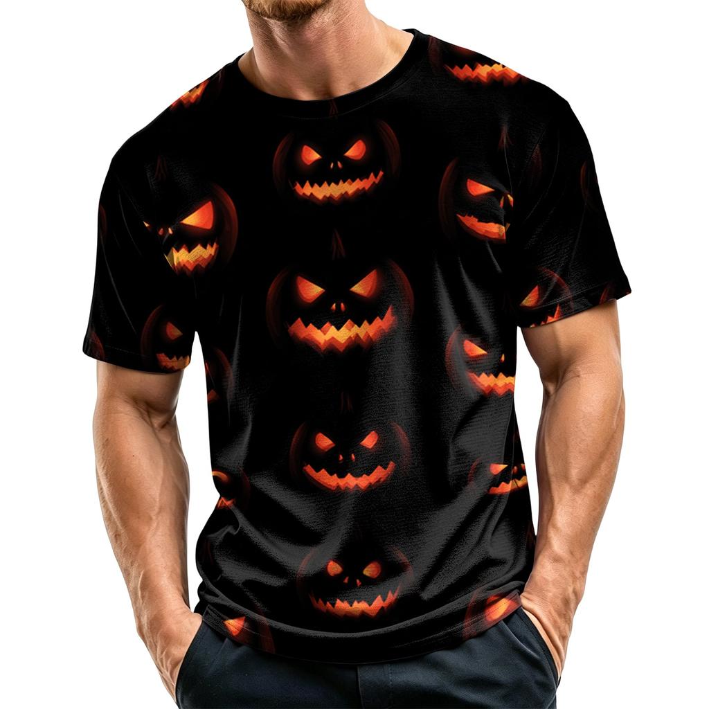 Men Casual Crew Neck Lightweight Breathable Short Sleeve Top with Halloween Themed Printed Pattern for Daily Wear