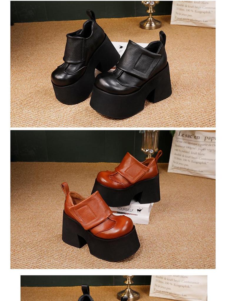 Women's Genuine Leather Platform Shoes 2025: Autumn/Winter Pure Cowhide Petite Height-Increasing Hook & Loop Single Shoes