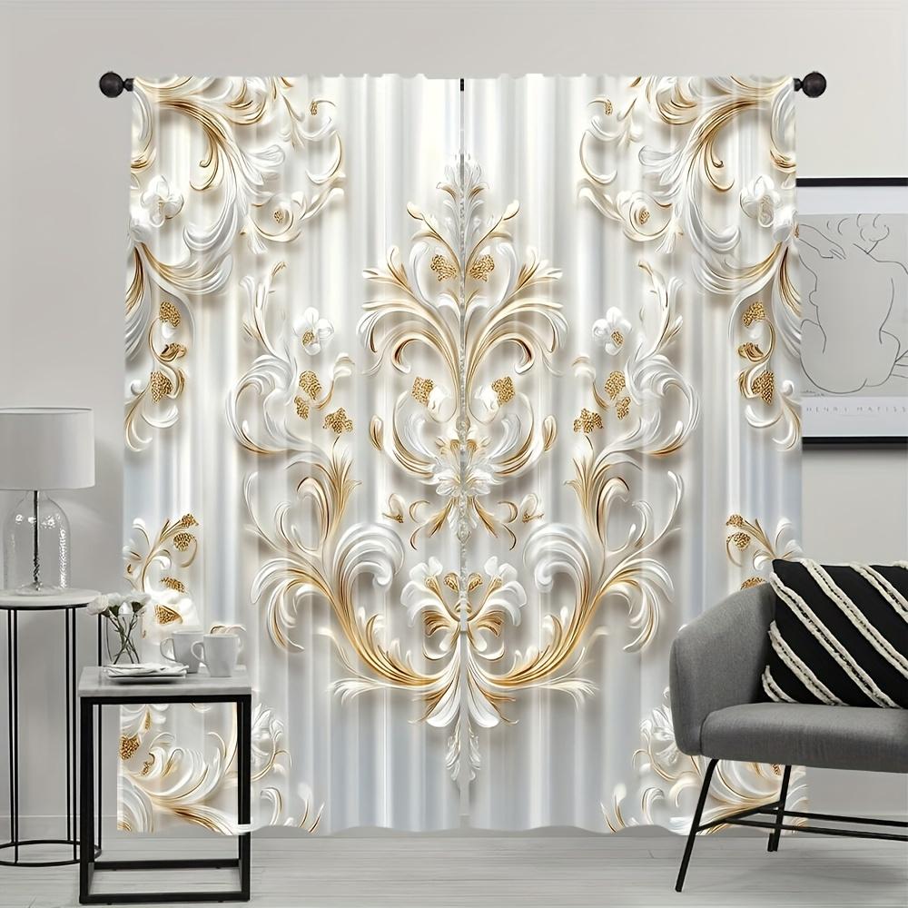 2pcs Artistic Floral Print Polyester Curtains with Gold Accents – for Living Room   Office & Study Decor