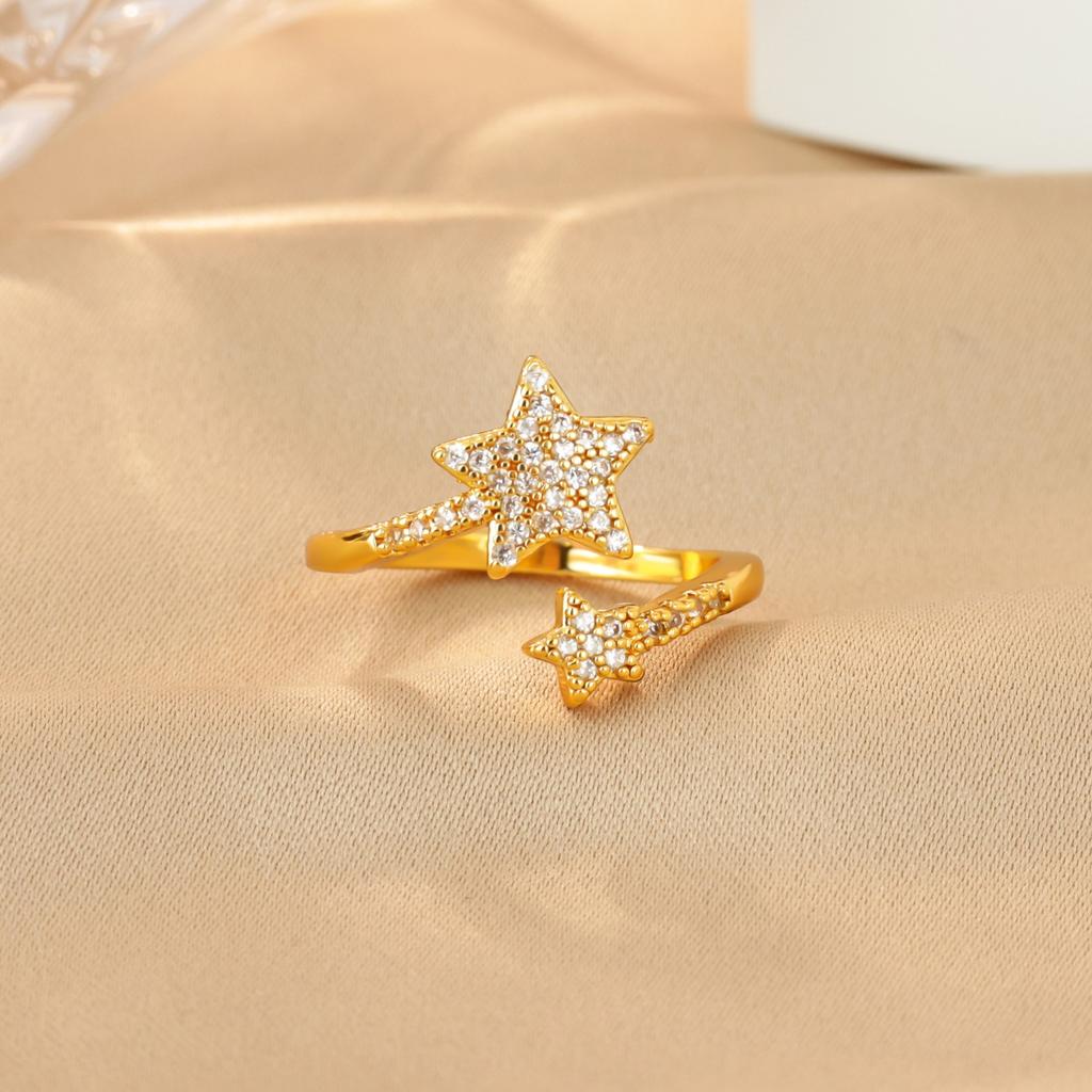 Zircon Star Ring for Women Stainless Steel Sparkle Double Stars Gold Color Ring Wedding  Couple Jewelry Party Gift Anillo