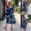 Spring/Autumn 2023 Women's V-neck Slimming Print Long Dress - European & American Fashion
