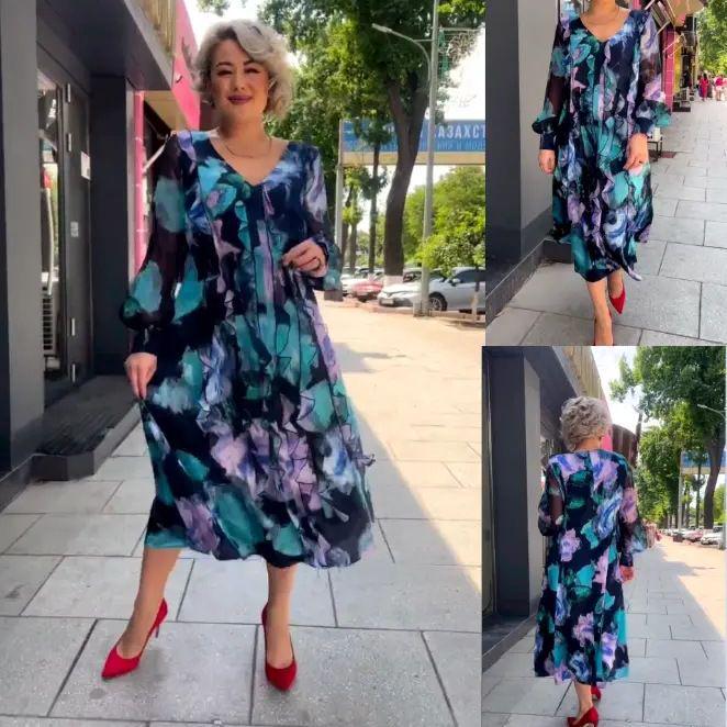 Spring/Autumn 2023 Women's V-neck Slimming Print Long Dress - European & American Fashion