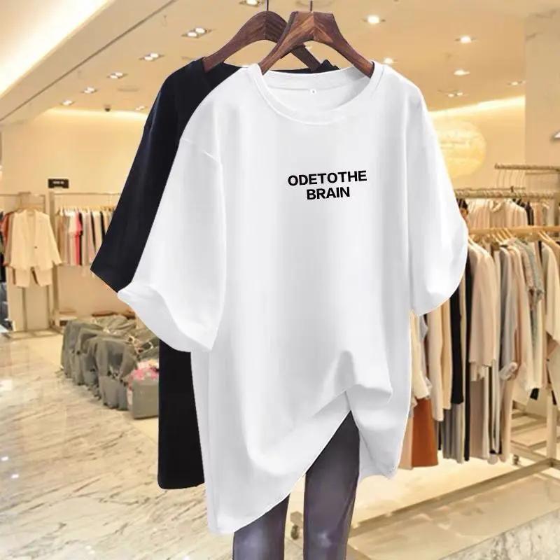 Loose women's printed T-shirt, pure cotton short sleeved top, single round neck, informal basic sweater