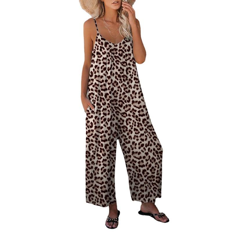Women Summer Casual Sleeveless Leopard Print Loose Strap One Piece Long Jumpsuit