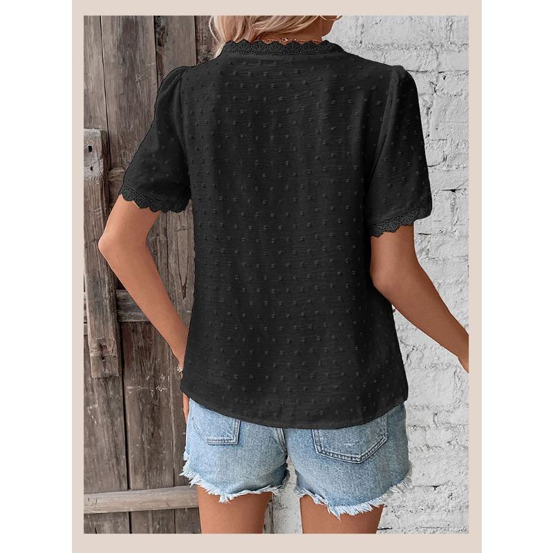 Women's Shirt Summer Casual Vacation Lace V-neck White Short Sleeve Loose Shirts for Women Elegant Tops Slim Fit Solid Color Women's Blouse New