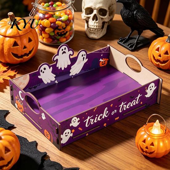 Halloween Candy Tray Witch Decorative Wood Serving with Handle, Ghost Pumpkin Castle Creative Party Supplies Trick or Treat Dessert for Accessories