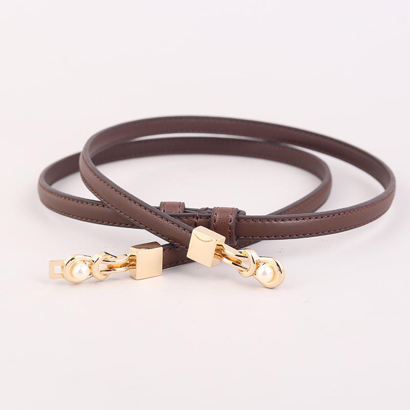 

Женский ремень из натуральной кожи с жемчужной отделкой, тонкий, для платья темно-коричневого