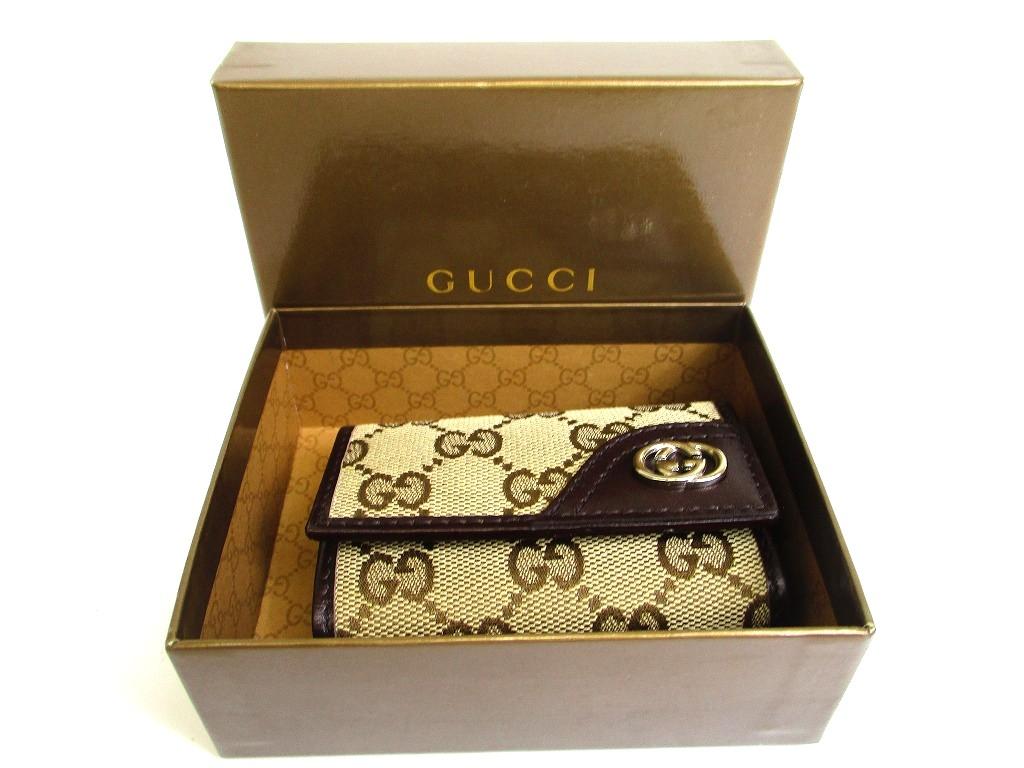 Authentic GUCCI GG Beige Canvas Dark Brown Leather 6 Pics Key Chain #b099  Open box
