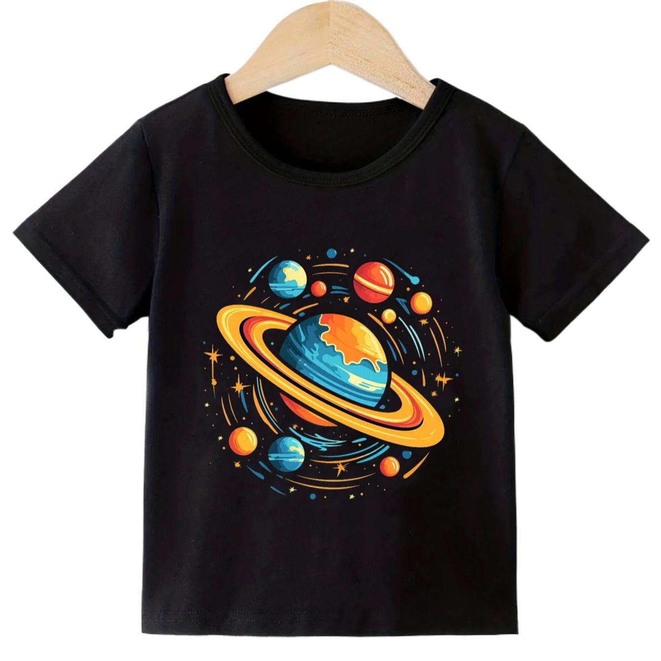 Planetary Solar System Cartoon Print Childrens TShirt for Summer 100 Pure Cotton Girls Boys Breathable Short Sleeve 100