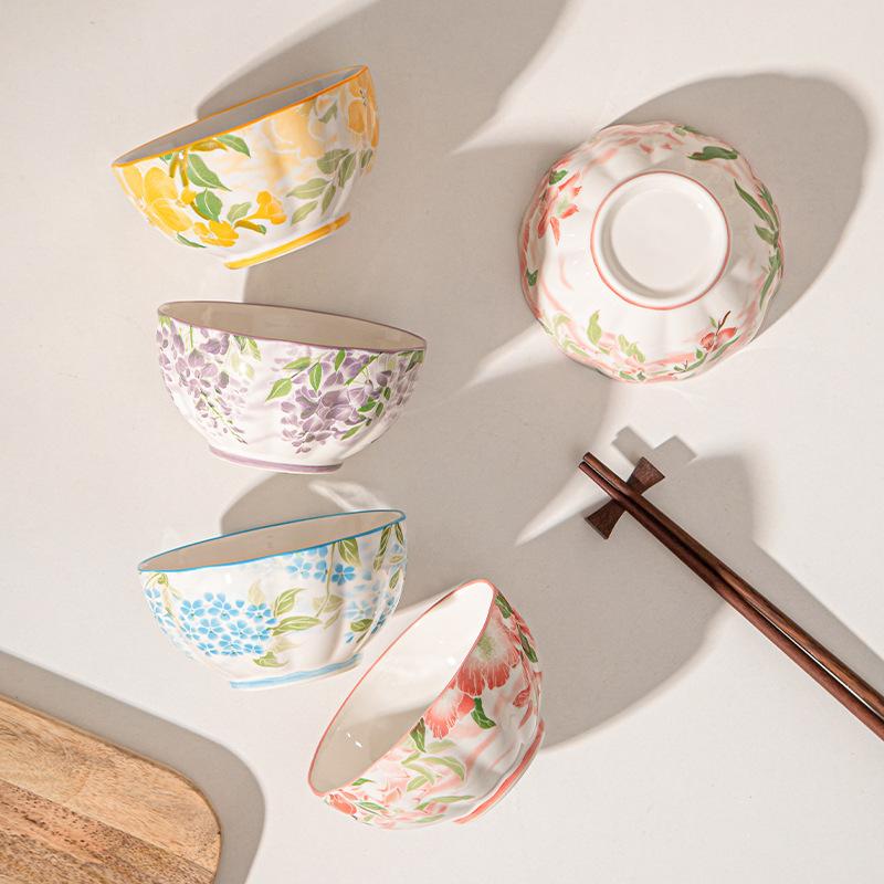 Janpanese Style Ceramic Rice Bowl Home Kitchen Noodle Ramen Dinnerware Bowls Flower Printing Fruit Bowls Beautiful Tableware