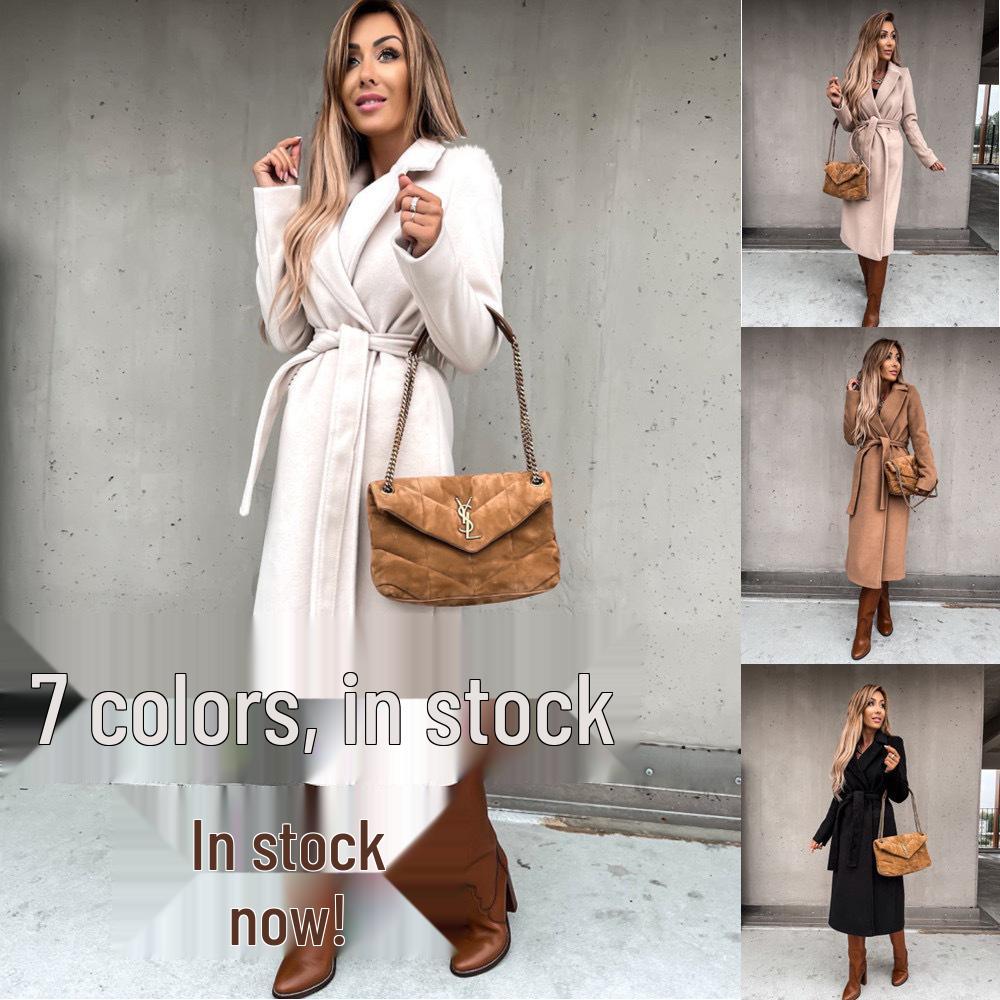 Women's Spring/Autumn Simple V-neck Wool Long Coat with Tie