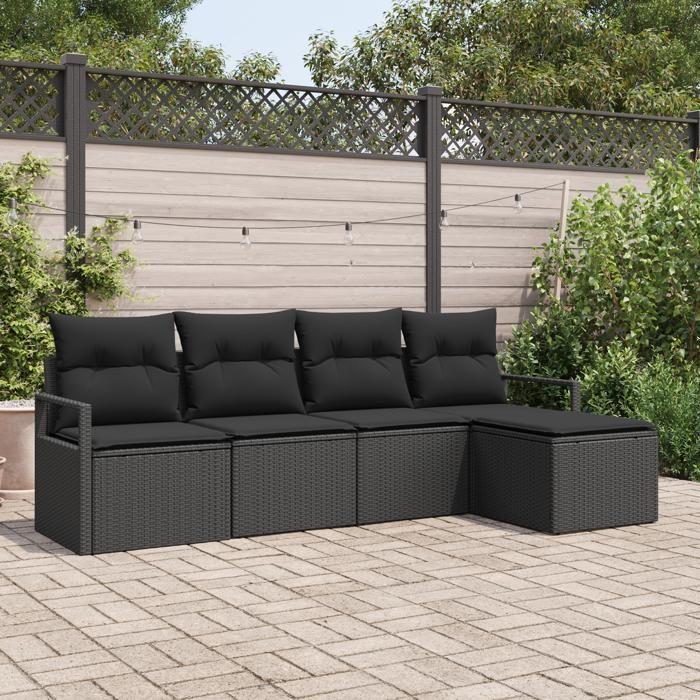 Ensemble de Canapés de Jardin de 5 Pièces avec Coussins Noir Poly Rotin, Canapé de Jardin 2 Places avec Rangement 3355012