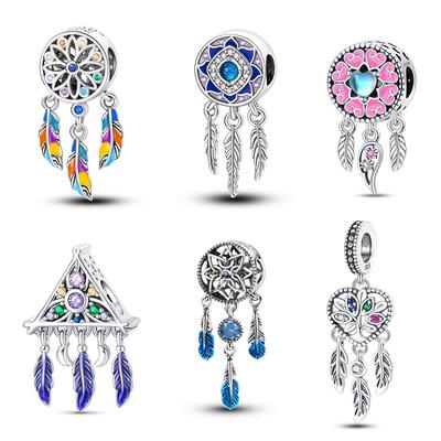 Plated 925 Silver Youth Pentagonal Feather Charms Fit 925 Charms Bracelet Beads Jewelry Gifts for Women