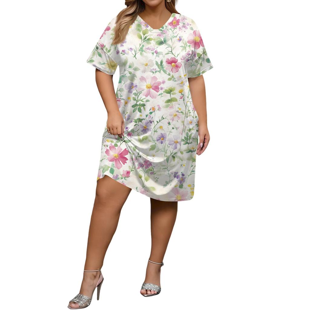Summer Plus Size V Neck Short Sleeve Knee Pocket  Print Casual Dress For Women