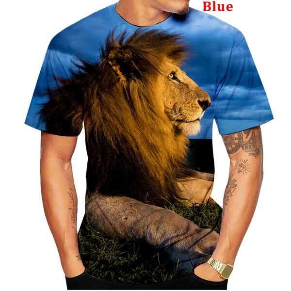Subilier Nieuwe mode heren 3D-geprinte leeuwen T-shirt Animal Print Fire Lion T-shirt Coole mannen persoonlijkheid Casual Unisex T-shirt Korte mouw 2XL blauw